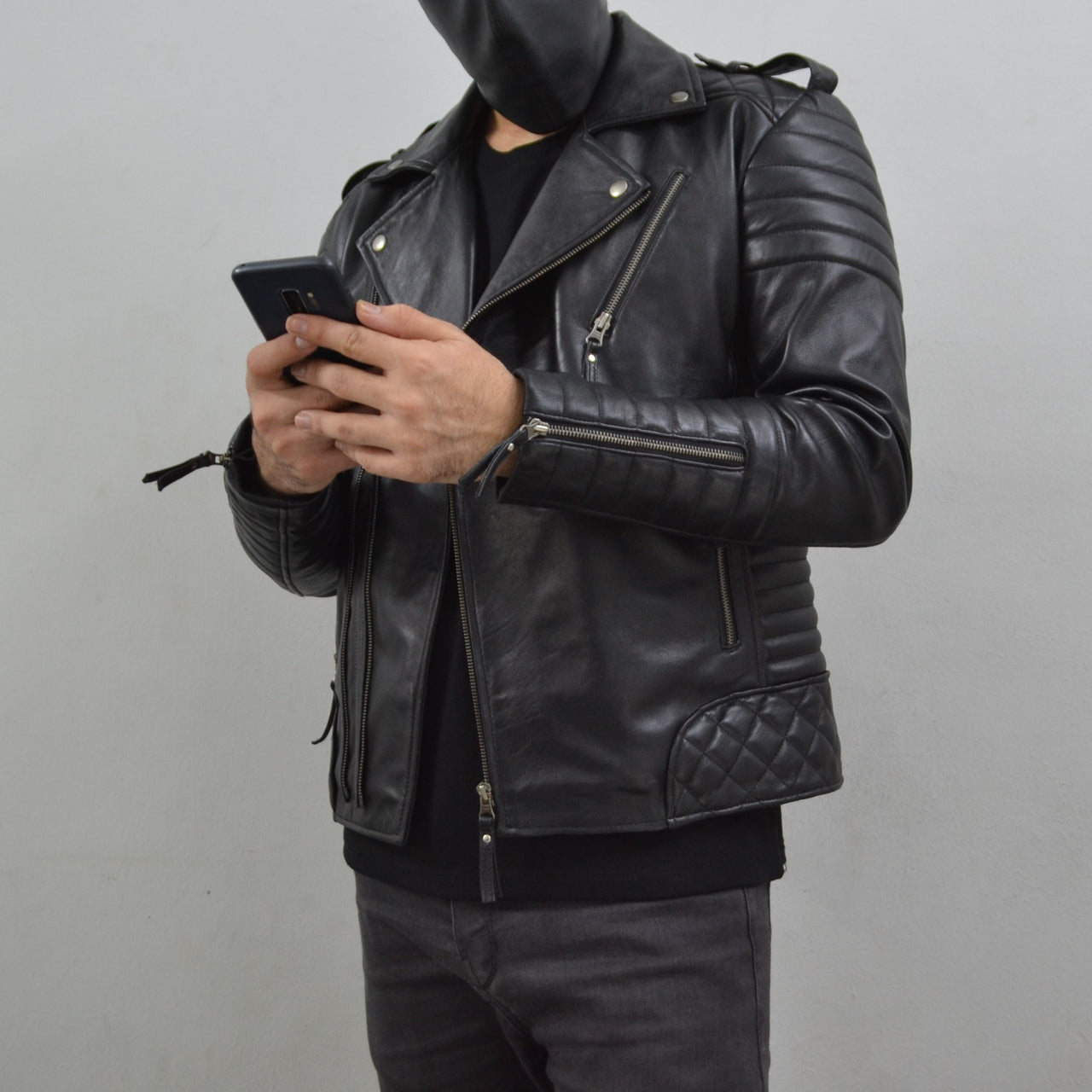 Men's Brando Black Gun Metal Quilted Padded Genuine Leather Biker Jacket