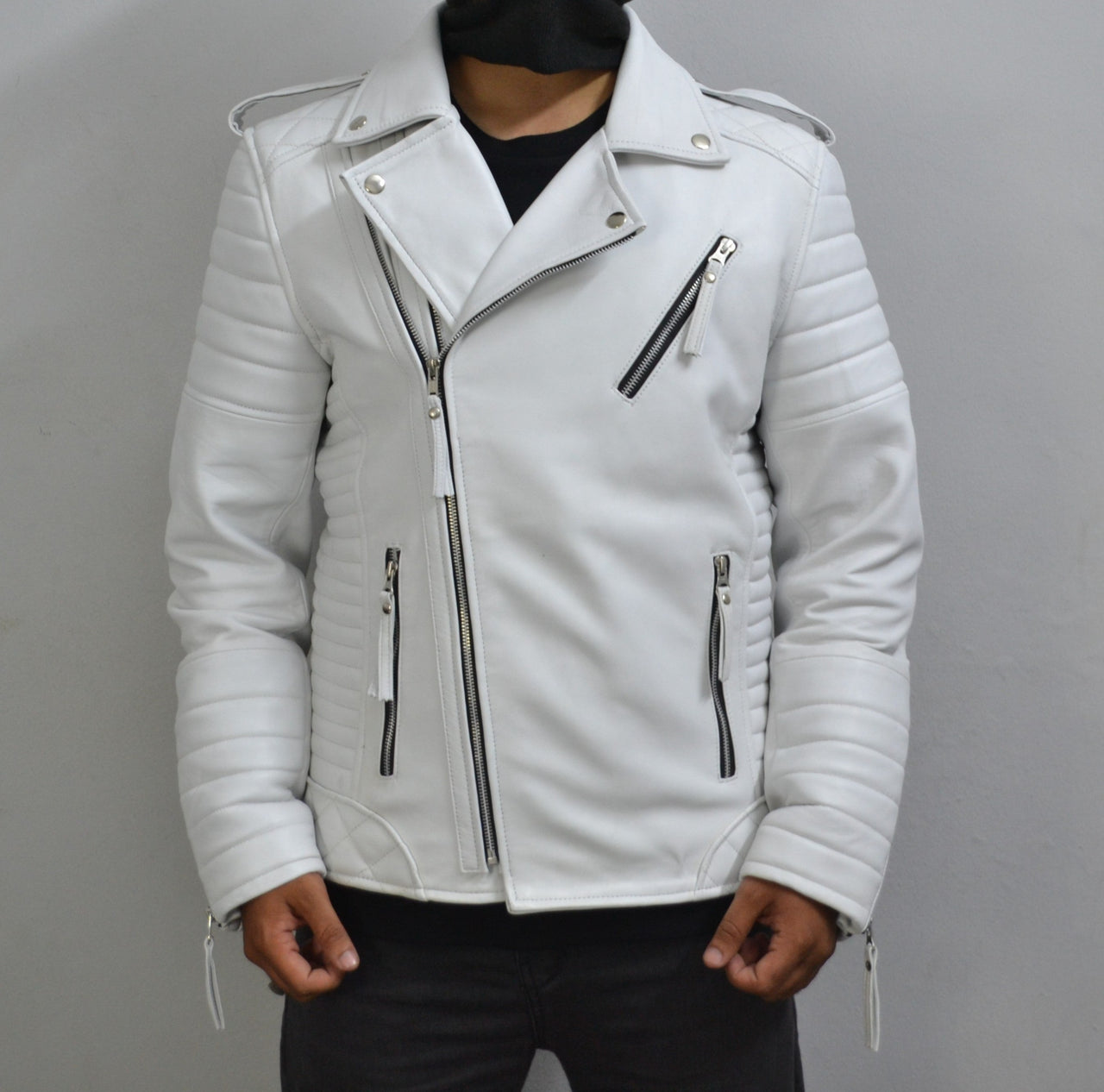 Men's Brando White Motorcycle Geniune Leather Biker Jacket