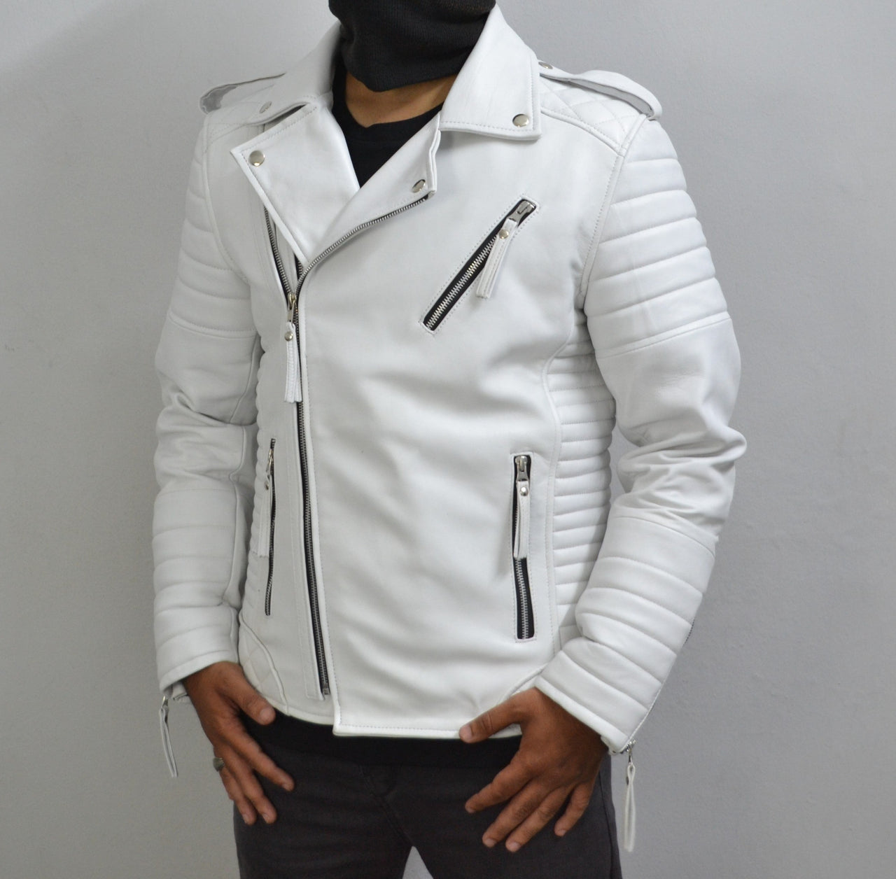 Men's Brando White Motorcycle Geniune Leather Biker Jacket