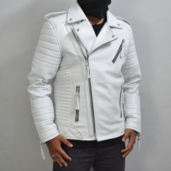 Men's Brando White Motorcycle Genuine Leather Biker Jacket