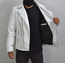 Men's Brando White Motorcycle Geniune Leather Biker Jacket