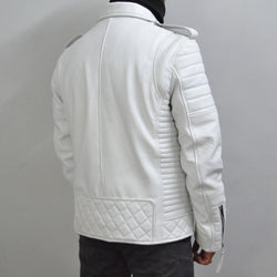 Men's Brando White Motorcycle Genuine Leather Biker Jacket