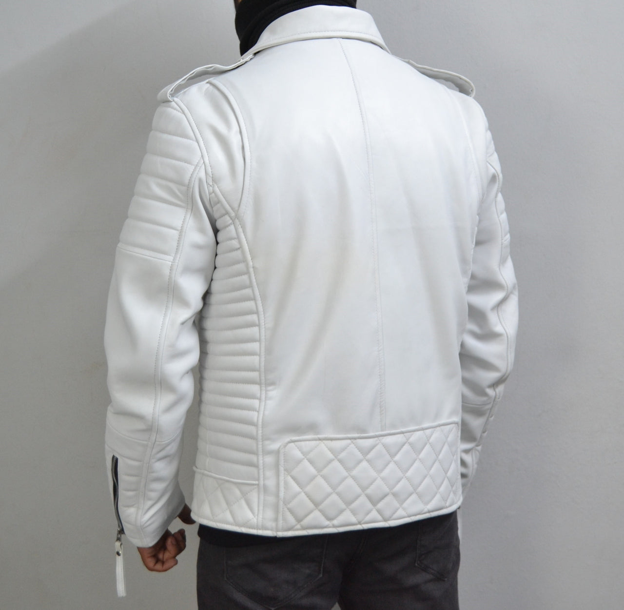 Men's Brando White Motorcycle Genuine Leather Biker Jacket