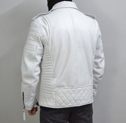 Men's Brando White Motorcycle Geniune Leather Biker Jacket