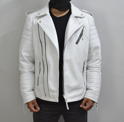 Men's Brando White Motorcycle Geniune Leather Biker Jacket