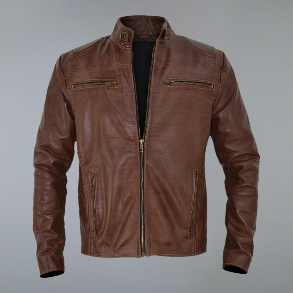 Men's Brown Waxed Cafe Racer Real Sheepskin Leather Jacket
