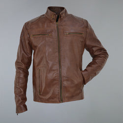 Men's Brown Waxed Cafe Racer Real Sheepskin Leather Jacket
