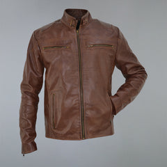 Men's Brown Waxed Cafe Racer Real Sheepskin Leather Jacket