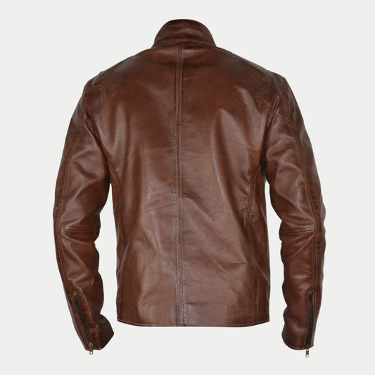 Men's Brown Waxed Slim Fit Zipper Racer Leather Jacket