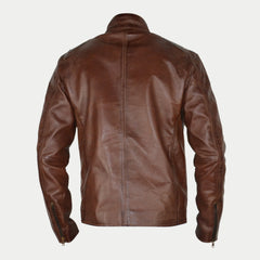 Men's Brown Waxed Slim Fit Zipper Racer Leather Jacket