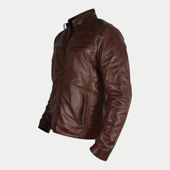 Men's Brown Waxed Slim Fit Zipper Racer Leather Jacket