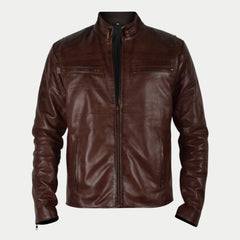 Men's Brown Waxed Slim Fit Zipper Racer Leather Jacket
