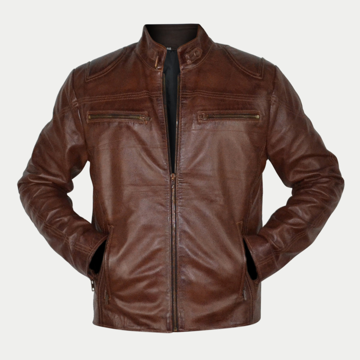 Men's Brown Waxed Slim Fit Zipper Racer Leather Jacket