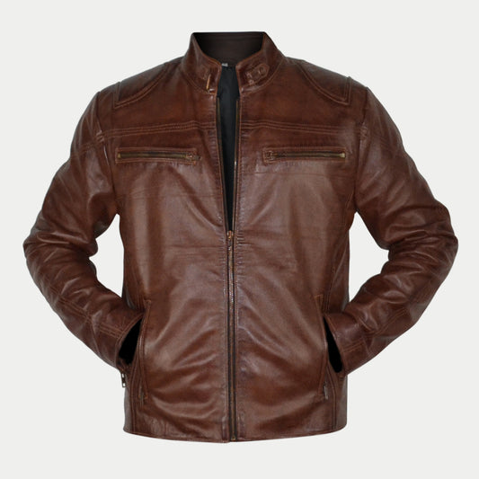 Men's Brown Waxed Slim Fit Zipper Racer Leather Jacket