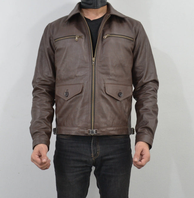 Mens Brown Four Pocket Cafe Racer Real Leather Jacket