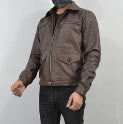 Mens Brown Four Pocket Cafe Racer Real Leather Jacket