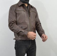 Mens Brown Four Pocket Cafe Racer Real Leather Jacket