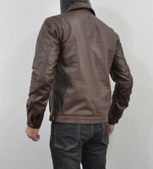 Mens Brown Four Pocket Cafe Racer Real Leather Jacket