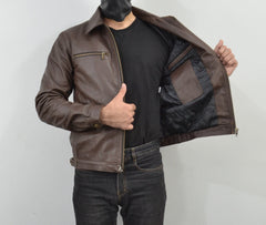 Mens Brown Four Pocket Cafe Racer Real Leather Jacket