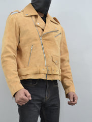 Men's Beige Motorcycle Belted Real Suede Leather Biker Jacket