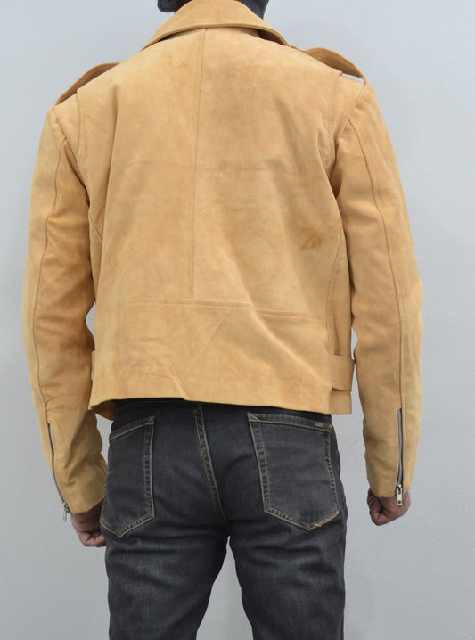 Men's Beige Motorcycle Belted Real Suede Leather Biker Jacket