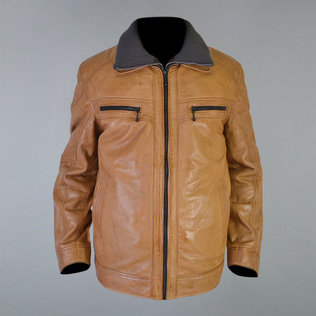 Men's Tan Cafe Racer Genuine Sheepskin Leather Jacket