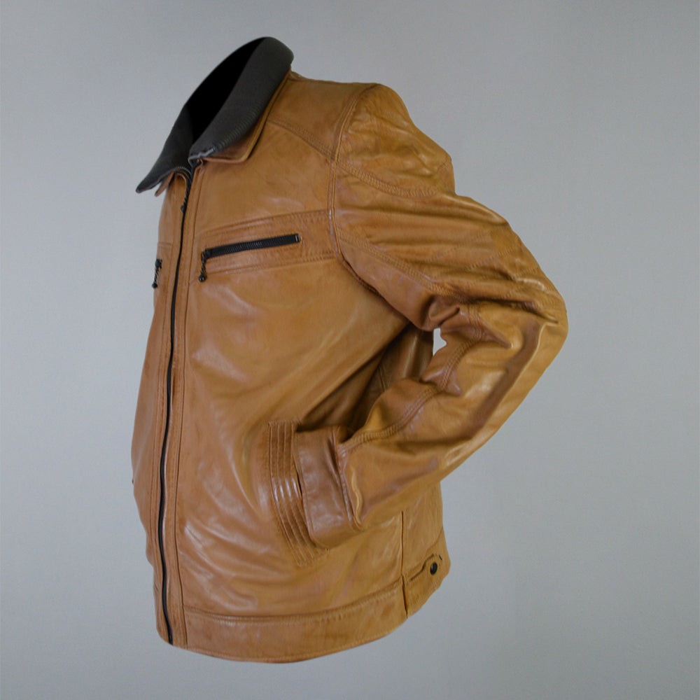 Men's Tan Cafe Racer Genuine Sheepskin Leather Jacket