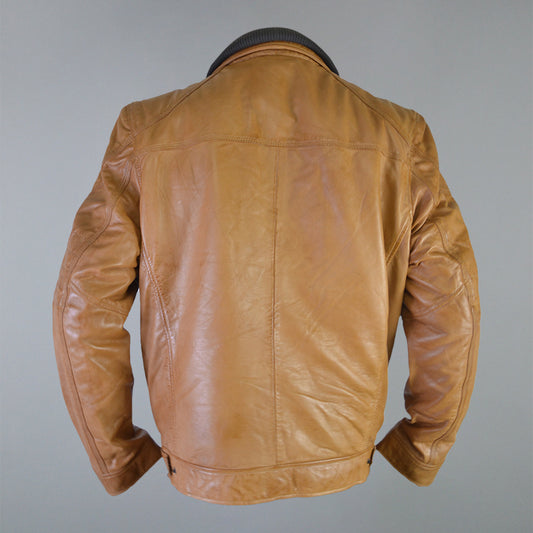 Men's Tan Cafe Racer Genuine Sheepskin Leather Jacket