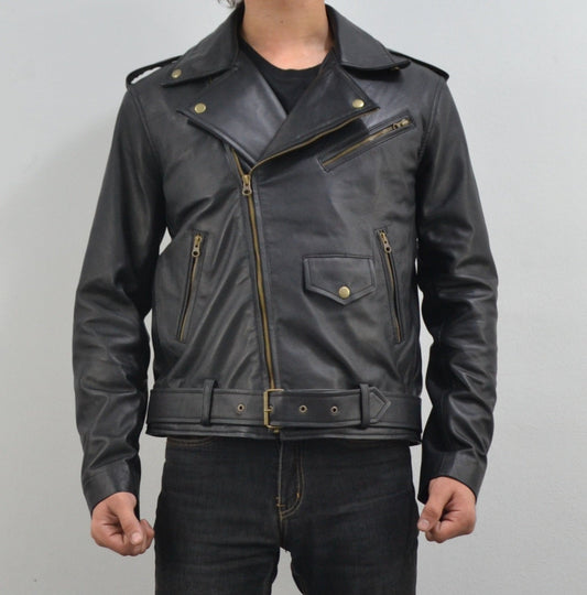 Men's Motorcycle Black Belted Genuine Leather Biker Jacket
