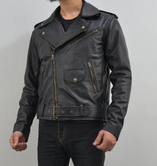 Men's Motorcycle Black Belted Genuine Leather Biker Jacket