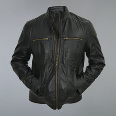 Men's Black Golden Material Café Racer Genuine Sheepskin Leather Jacket