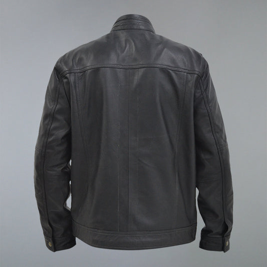 Men's Black Golden Material Café Racer Genuine Sheepskin Leather Jacket