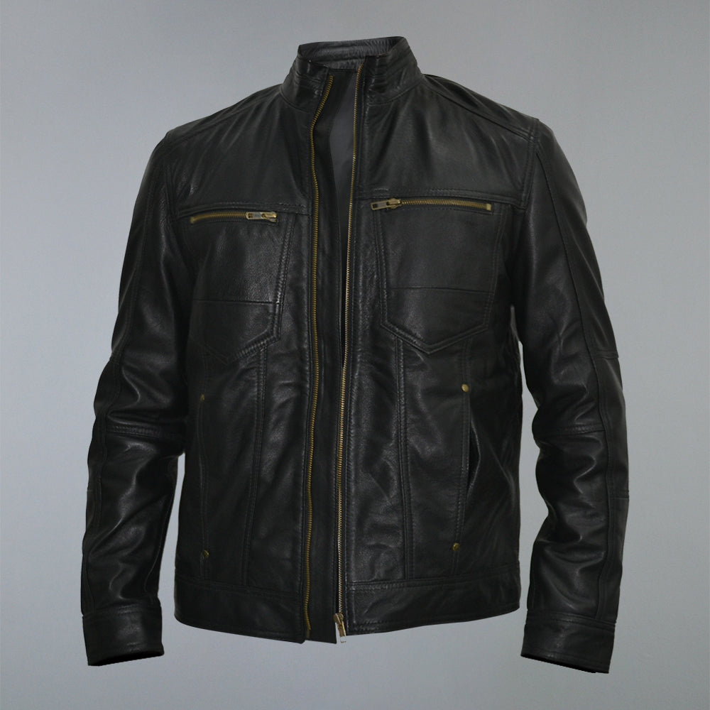 Men's Black Golden Material Cafe Racer Geniune Sheepskin Leather Jacket