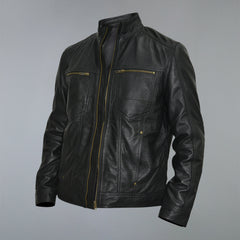 Men's Black Golden Material Café Racer Genuine Sheepskin Leather Jacket