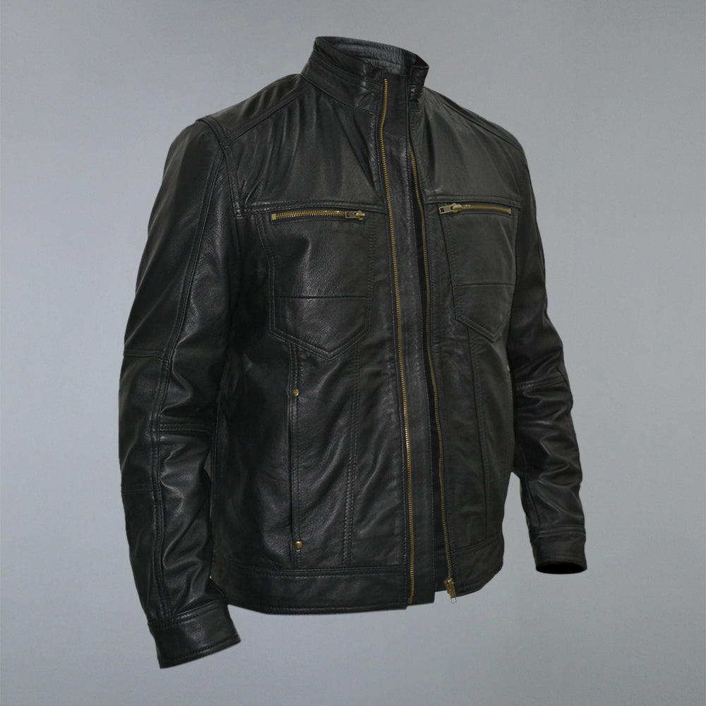 Men's Black Golden Material Cafe Racer Geniune Sheepskin Leather Jacket