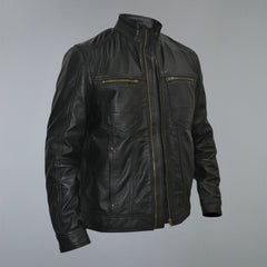 Men's Black Golden Material Café Racer Genuine Sheepskin Leather Jacket