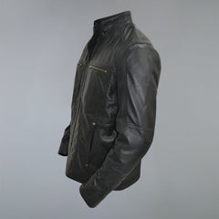 Men's Black Golden Material Café Racer Genuine Sheepskin Leather Jacket