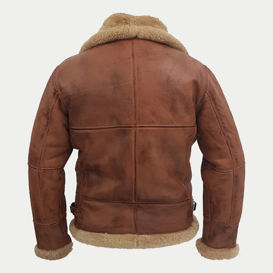 Men's Brown Fur Collar Real Sheepskin Pilot Aviator Bomber Leather Jacket