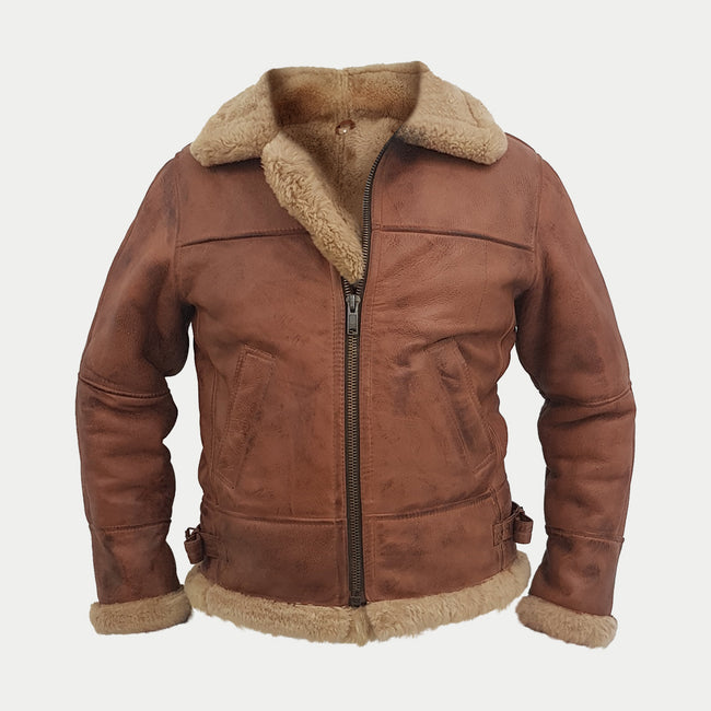 Men's Brown Fur Collar Real Sheepskin Pilot Aviator Bomber Leather Jacket