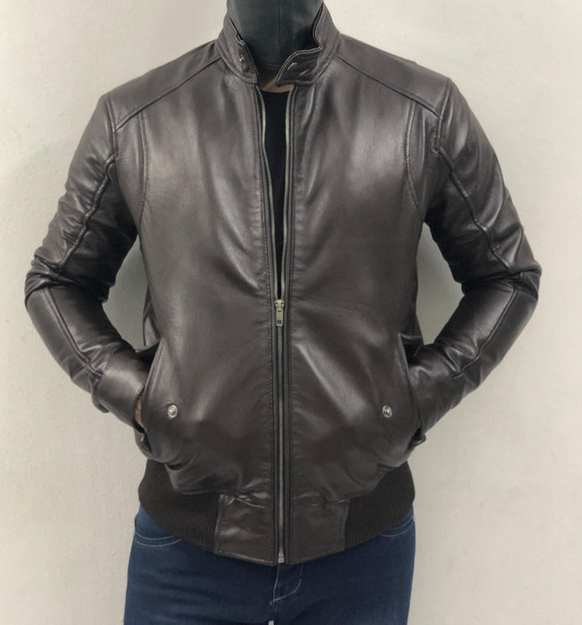 Men's Cafe Racer Brown Geniune Lambskin Leather Jacket