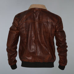 Men's Brown Fur Collar Waxed Real Sheepskin Pilot Aviator Bomber Jacket