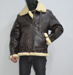 Mens Shearling Fur Bomber RAF Brown Black Strips Real Leather Jacket