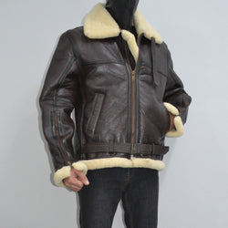 Mens Shearling Fur Bomber RAF Brown Black Strips Real Leather Jacket