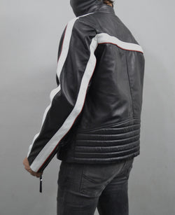 Men's Black Striped Design Cafe Racer Genuine Leather Jacket