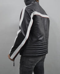Men's Black Striped Design Cafe Racer Genuine Leather Jacket