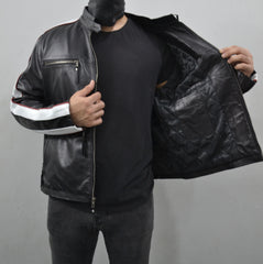 Men's Black Striped Design Cafe Racer Genuine Leather Jacket