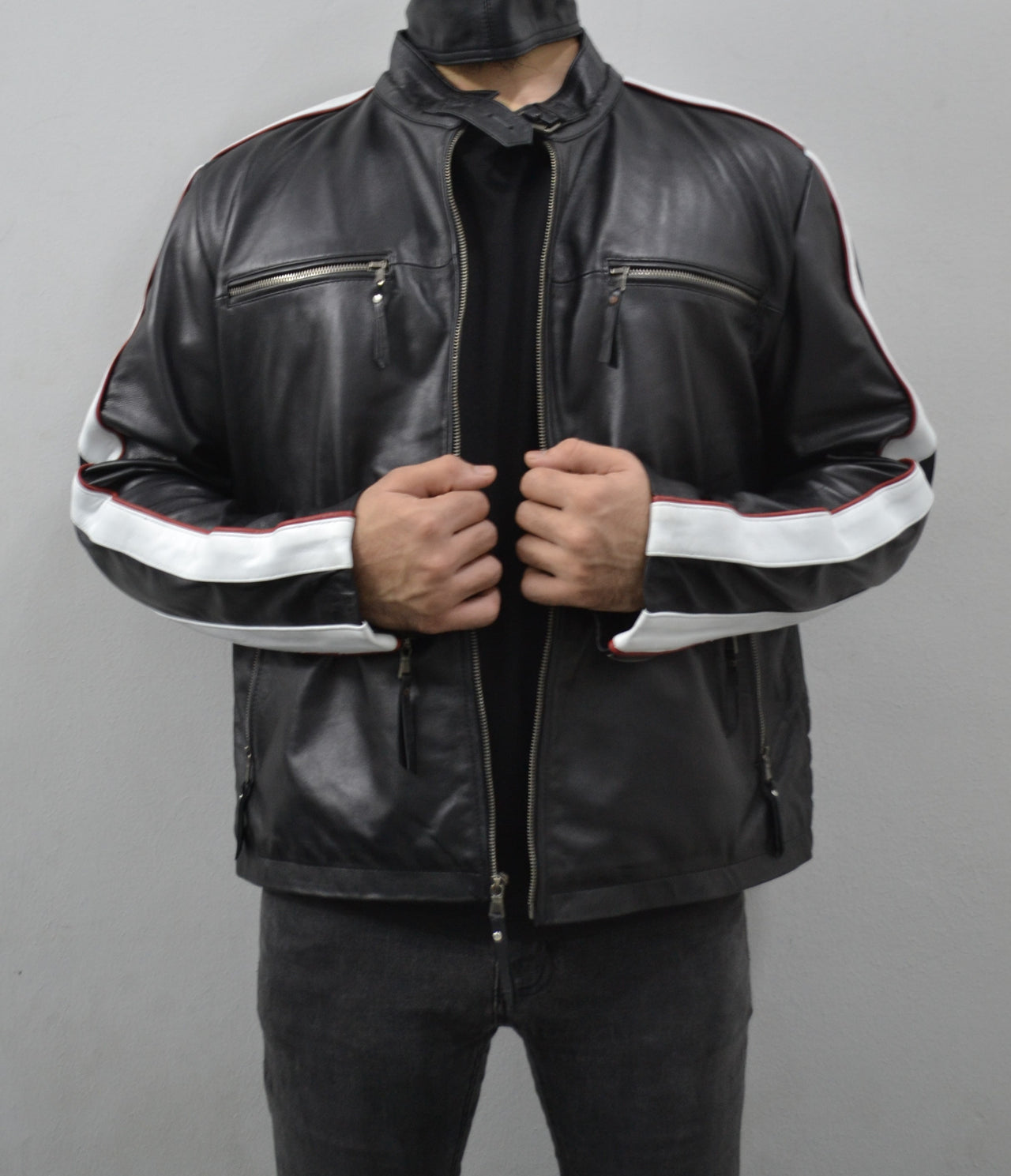 Men's Black Striped Design Cafe Racer Genuine Leather Jacket