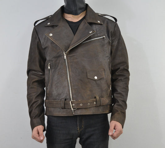 Men's Brown Waxed Distressed Geniune Sheepskin Leather Jacket