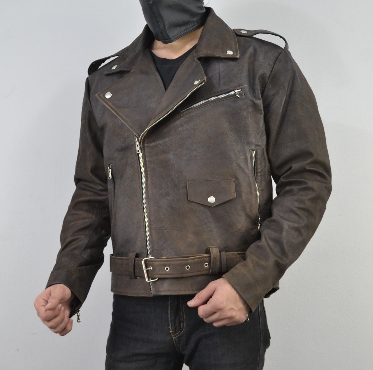 Men's Brown Waxed Distressed Geniune Sheepskin Leather Jacket