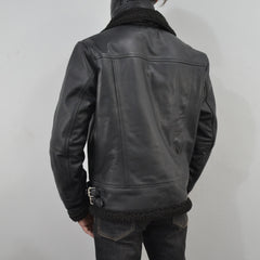Men's Black Fur Collar Motorcycle Bomber Biker Genuine Leather Jacket